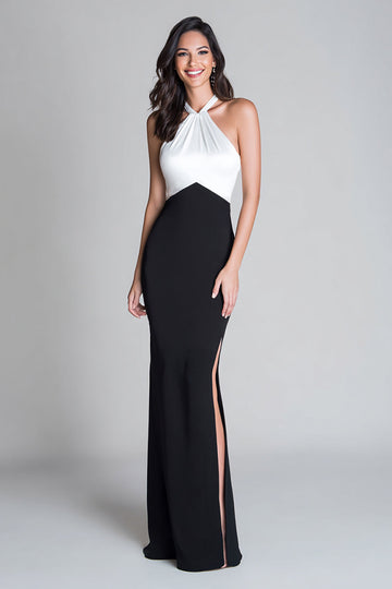 Robe longue formelle dos nu noir et blanc avec fente